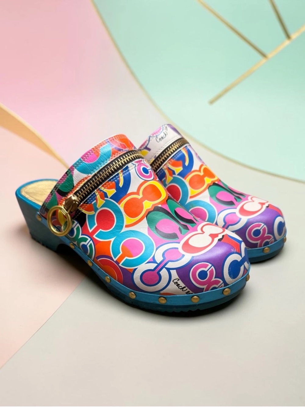 Coach Jessi Pop wood mules Size 7 Vintage Y2K Colorful Logo